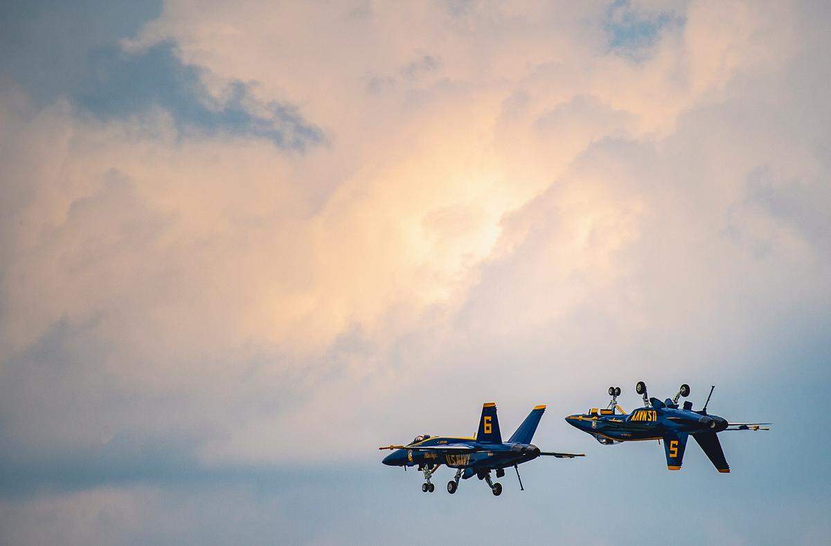 The U.S Navy Blue Angels flying in the F/A-18E/F Super Hornets performed aerial maneuvers at the KC Air Show Saturday, July 3, at the New Century AirCenter in Gardner, Kansas. 