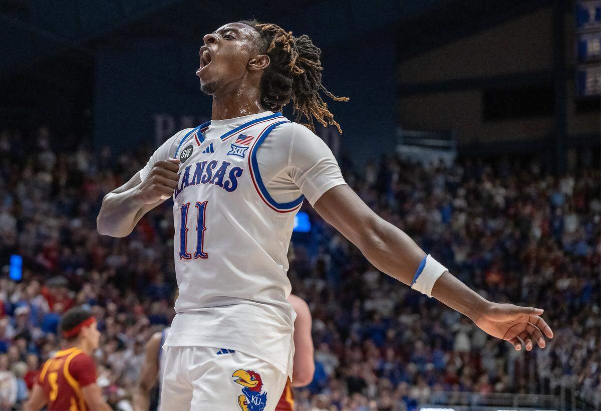 Kansas Jayhawks guard Jamari McDowell (11) was pumped up after hitting a shot in the second half against the Iowa State Cyclones on Tuesday, Jan. 13, 2026, at Allen Fieldhouse in Lawrence, Kansas.
