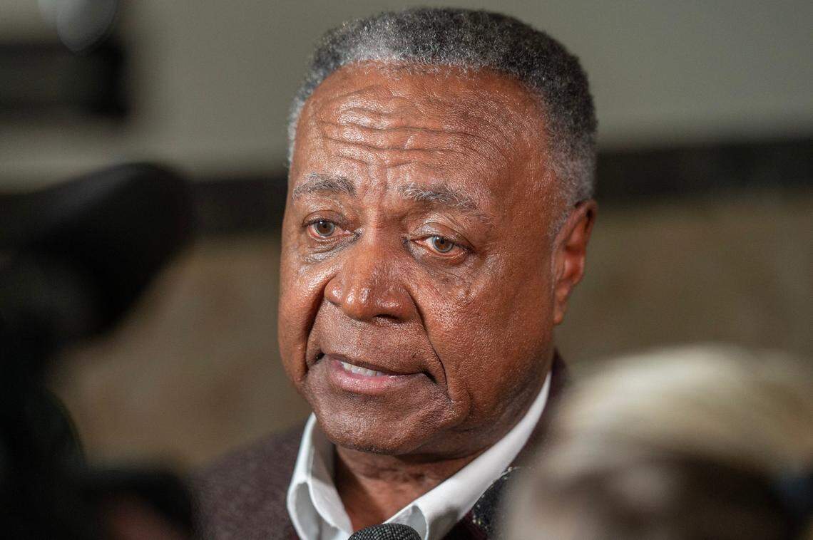 Jackson County Executive Frank White speaks to reporters after a Jackson County Legislature meeting at the Jackson County Courthouse on Monday, Jan. 8, 2024, in Kansas City. The meeting centered around discussions about a new Royals stadium, including funding for both the new stadium and renovations at Arrowhead Stadium.