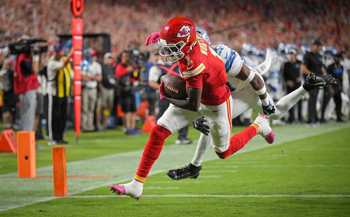 Kansas City Chiefs wide receiver Xavier Worthy (1) runs in for a touchdown in the first quarter against the Detroit Lions on Sunday, Oct. 12, 2025, at GEHA Field at Arrowhead Stadium.