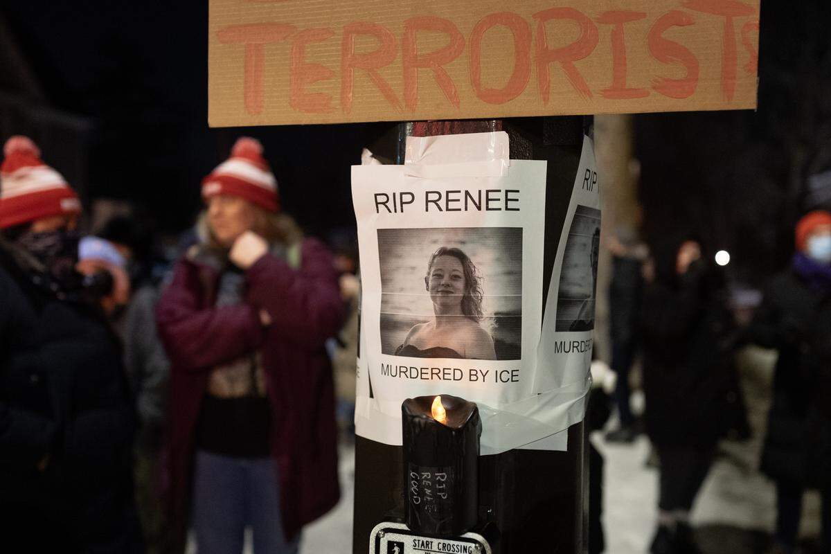 A notice reading "RIP Renee, murdered by ICE" is seen next to a memorial for Renee Nicole Good on Jan. 7, 2026 in Minneapolis, Minnesota. According to federal officials, an ICE agent shot and killed Good during a confrontation in south Minneapolis. Good lived in Kansas City as recently as 2023, according to court records.