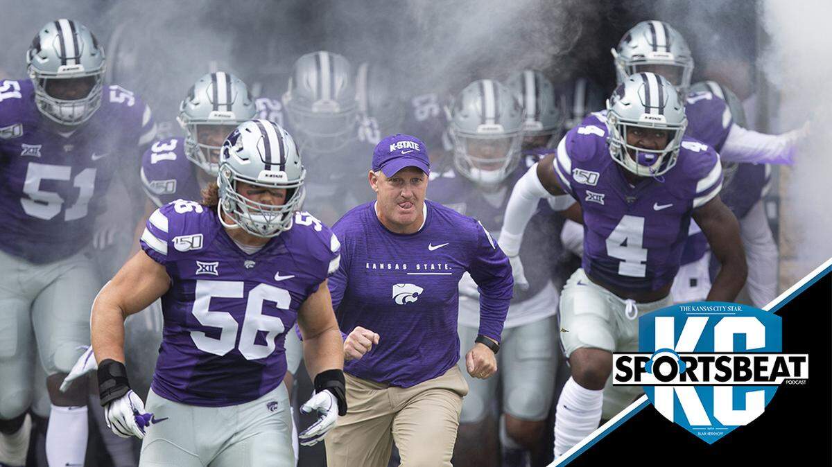 Kansas State football coach Chris Klieman led his team onto the field before their game against Nicholls State Aug. 31, 2019, at Bill Snyder Family Stadium.