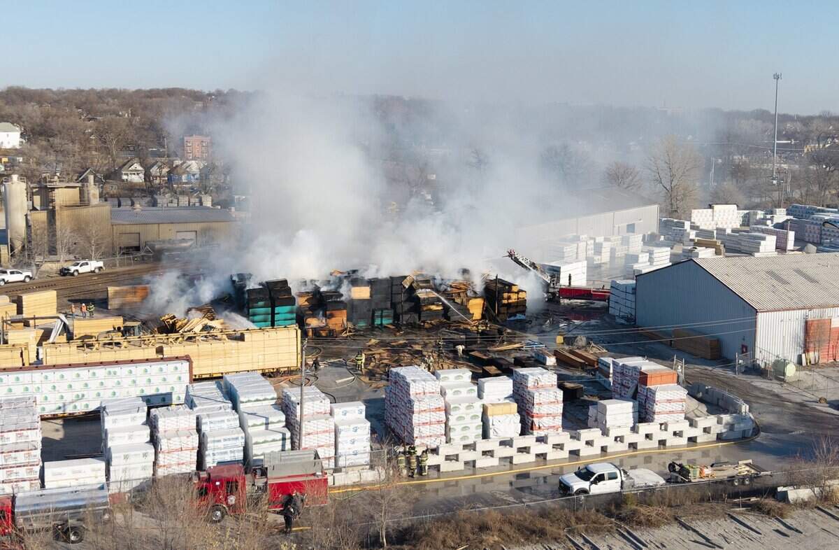 Kansas City firefighters responded to a fire at a lumberyard at 3900 E. 14th St., in Kansas City on Tuesday, Dec. 16, 2025.