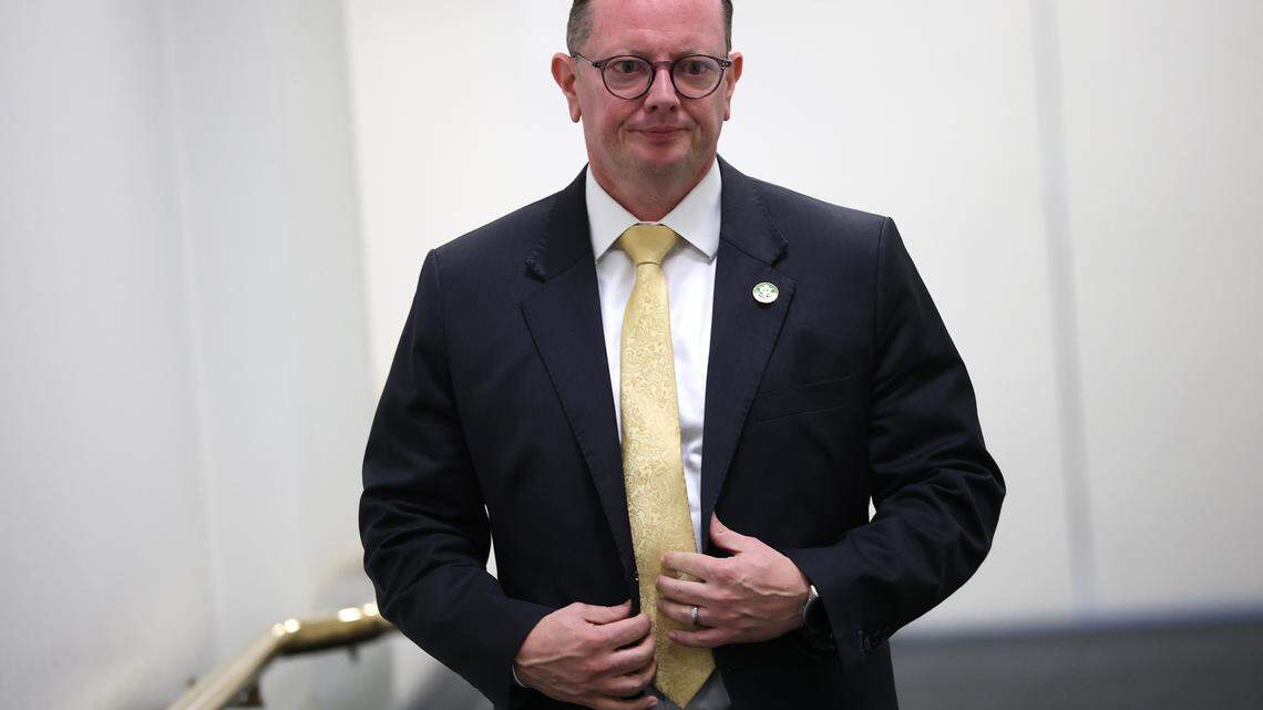 Rep. Eric Burlison (R-MO) arrives for a House Republican Conference meeting at the U.S. Capitol on February 10, 2026 in Washington, DC.
