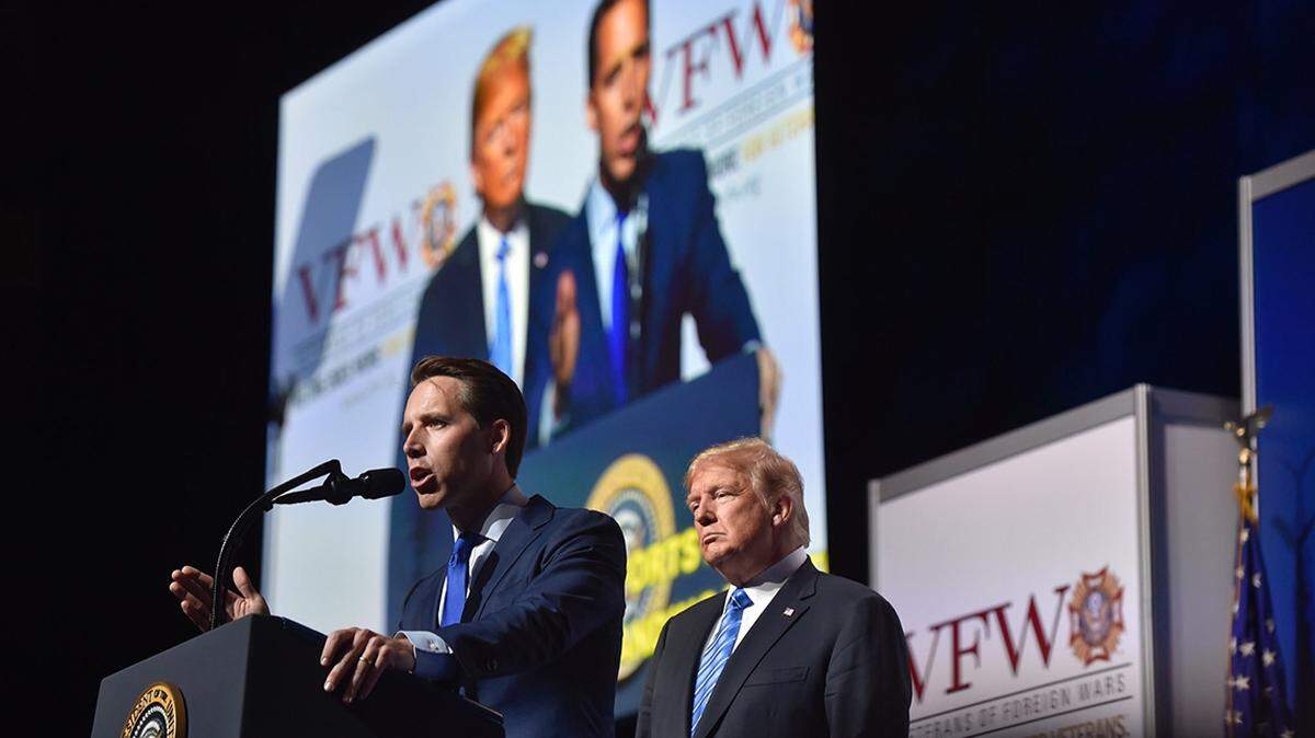 Missouri Attorney General Josh Hawley appeared on stage with President Donald Trump during the president’s visit to the National VFW convention in Kansas City in July.