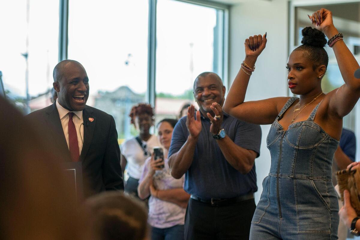 Kansas City Mayor Quinton Lucas and actress Jennifer Hudson celebrated after she was awarded a certificate proclaiming Tuesday as “Jennifer Hudson Day” in Kansas City.
