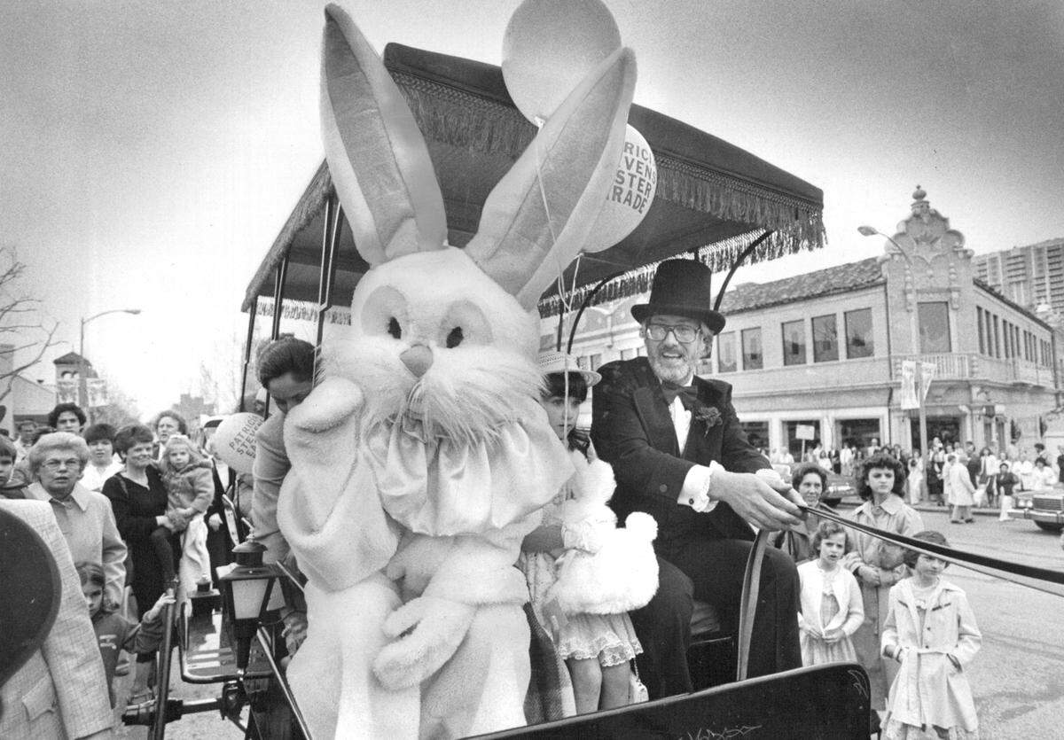 The Easter Bunny enjoyed a leisurely surrey ride through the Country Club Plaza after the 20th annual Plaza Easter Parade in 1980. Dave Landis, playing coachman, shared in the festive spirit as more than 1,000 spectators attended the finery contest.