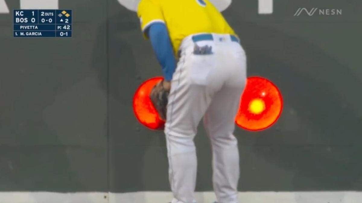 The Royals’ Kyle Isbel hit a ball that landed inside the scoreboard on the Green Monster.