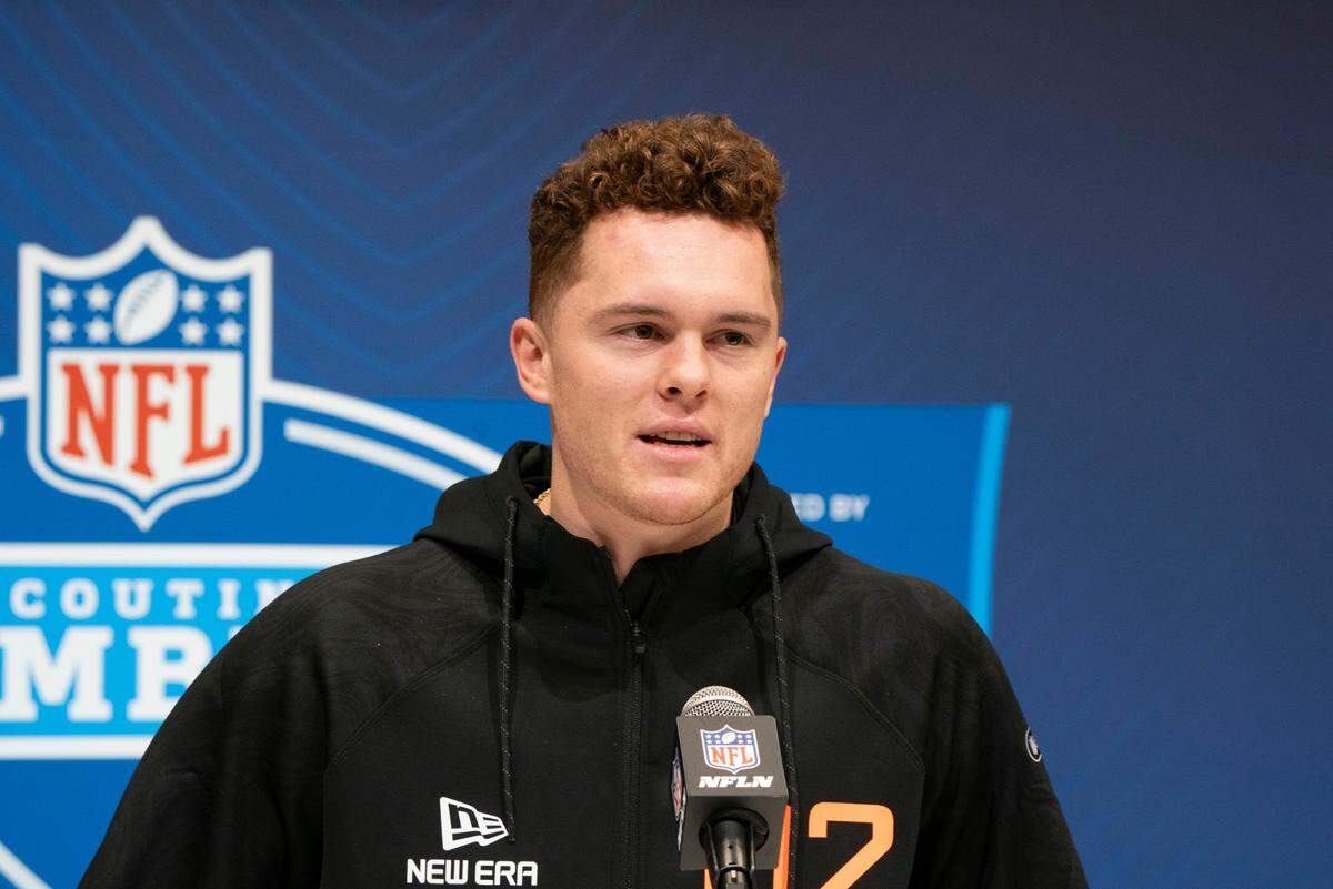 Missouri quarterback Brady Cook answers questions at a press conference during the 2025 NFL Combine at Indiana Convention Center on Feb. 28, 2025.