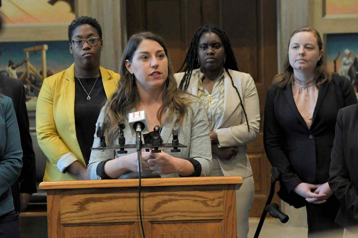 House Minority Leader Crystal Quade, a Springfield Democrat, speaks with reporters.