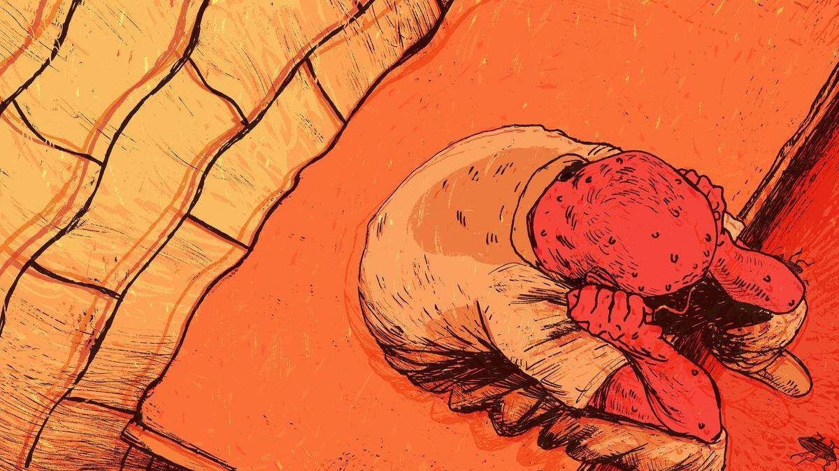 Alt text: An orange illustration shows a bird’s-eye view of a person in a prison uniform sitting on the edge of a bed, leaning their head on their hands, covered in beads of sweat. The wall is wavy as if from heat and there are cockroaches on the floor.