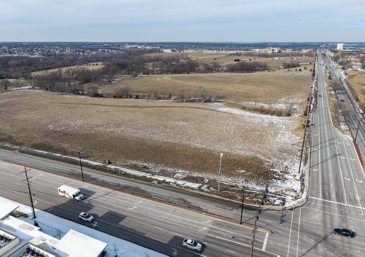 The 165 acres of undeveloped land at College Boulevard and Ridgeview Road being considered for a Chiefs training facility is just south of the Garmin Olathe Soccer complex and Ridgeview Marketplace neighborhood. It’s seen here on Monday, Feb. 2, in Olathe. 