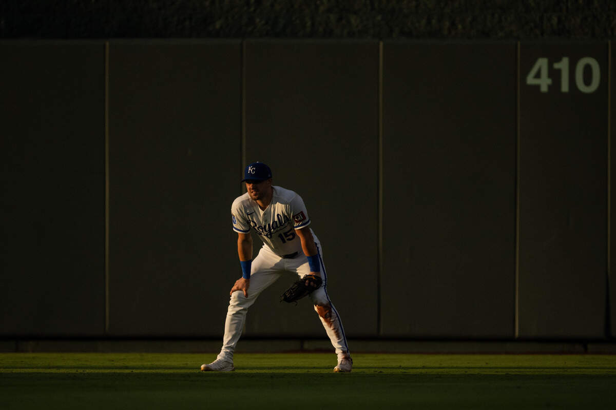 Royals outfielder Lane Thomas awaits the next batter during the Royals’ 14-6 win against the St. Louis Cardinals at Kauffman Stadium in Kansas City on Thursday, June 18, 2026.