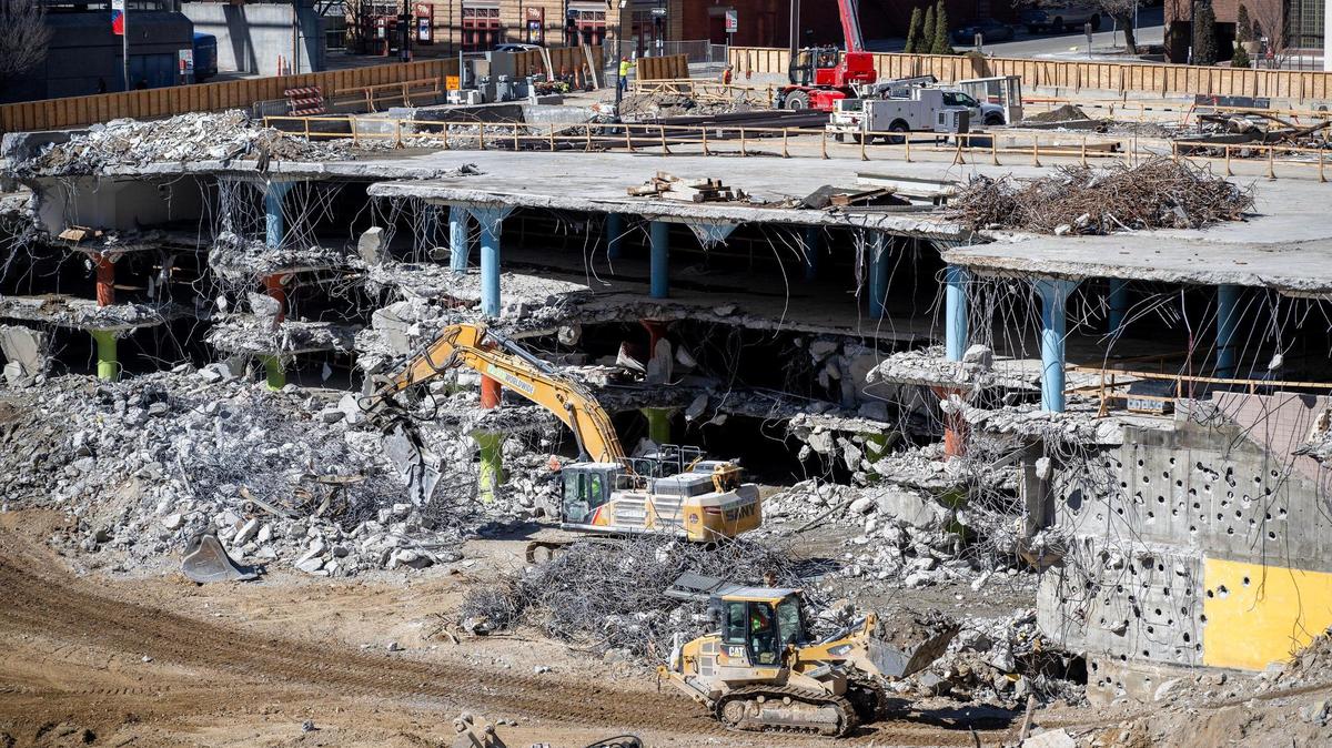 The demolition of Barney Allis Plaza is seen on Tuesday, Feb. 25, 2025, in Kansas City.