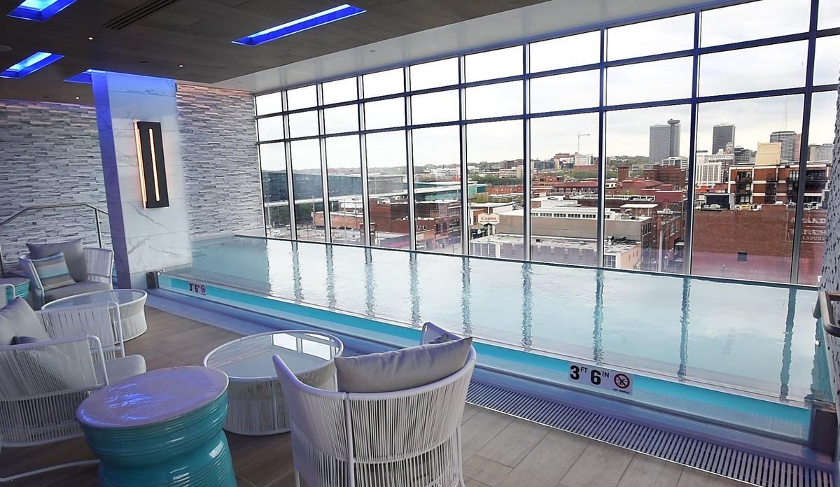 Two Light's indoor spa overlooks the Crossroads Arts District, the Liberty Memorial and the Kauffman Center for the Performing Arts.