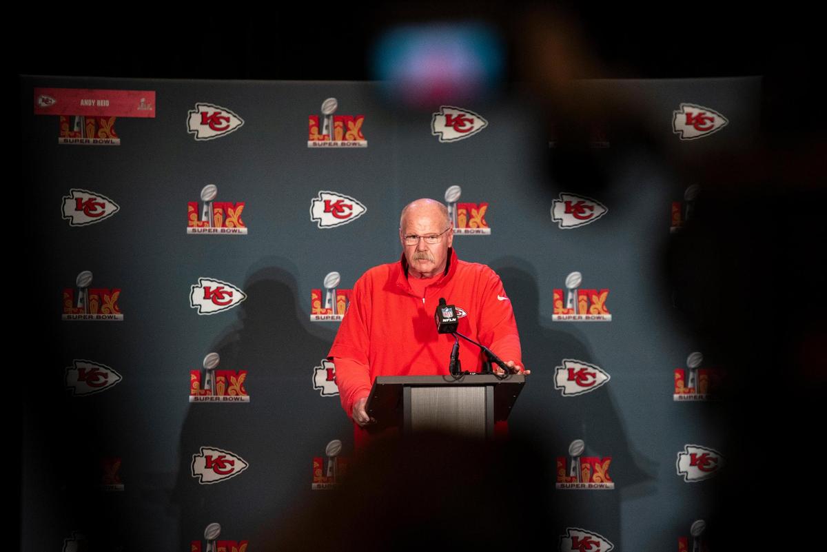 Kansas City Chiefs head coach Andy Reid takes questions from the media during a press conference at New Orleans Marriott in New Orleans on Tuesday, Feb. 4, 2025.