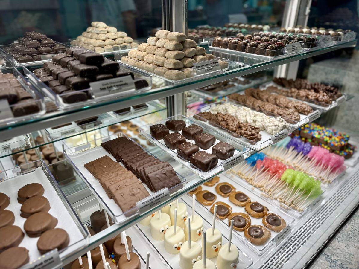A candy case featuring various treats at Pecan Jacks.