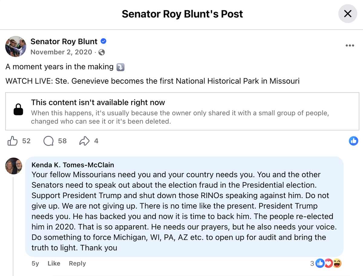 A 2020 post from KC mayoral candidate Kenda Tomes McClain in which she urges then U.S. Senator Roy Blunt to block the results of the election, which Donald Trump lost.