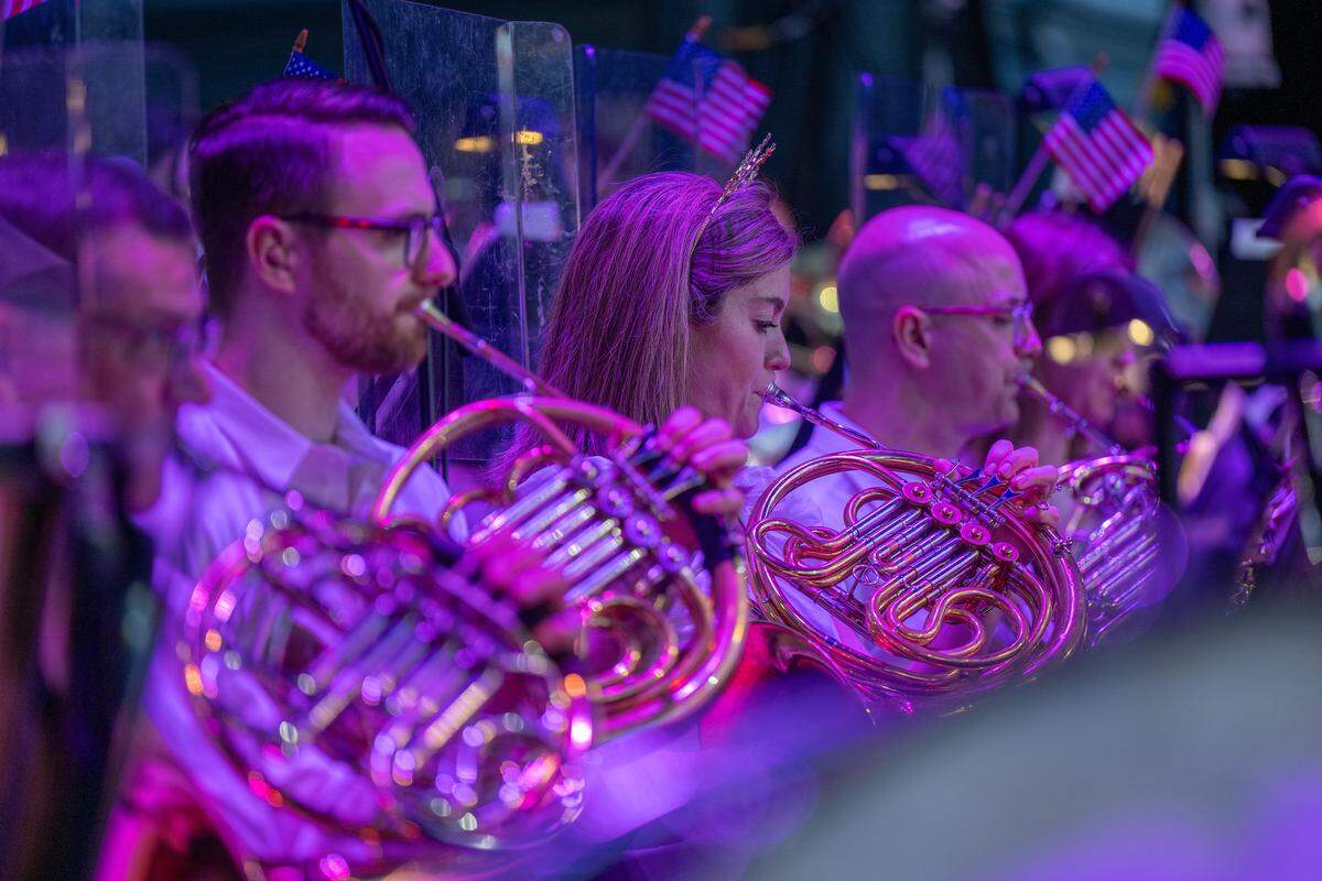 Members of the Kansas City Symphony play French horns during the Symphony's annual Celebration at the Station concert on Sunday, May 24, 2026, at Union Station in Kansas City.