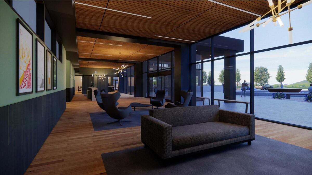 A rendering by ICON Architecture & Fabrication show a lobby area in the new Origin KC hotel.