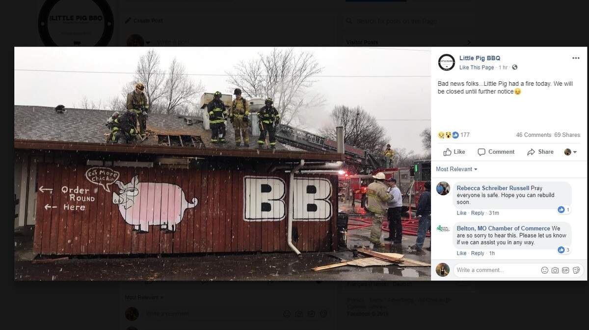 A fire broke out at Little Pig BBQ in Belton on Friday, Jan. 11. A screen grab from Facebook shows a photo of the damaged restaurant with a note that said it would be closed until further notice.