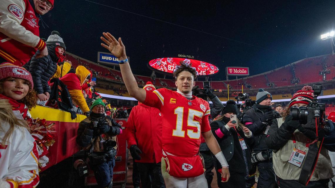 Kansas City Chiefs quarterback Patrick Mahomes (15) greets fans while walking off the field after the Chiefs’ 23-14 victory against the Houston Texans in the AFC Divisional Round playoff game on Saturday, Jan. 18 at GEHA Field at Arrowhead Stadium.