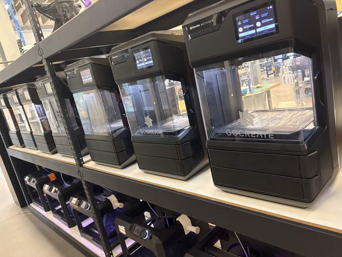 A line of 3D printers inside the GoCreate workspace on Wichita State University’s Innovation Campus.