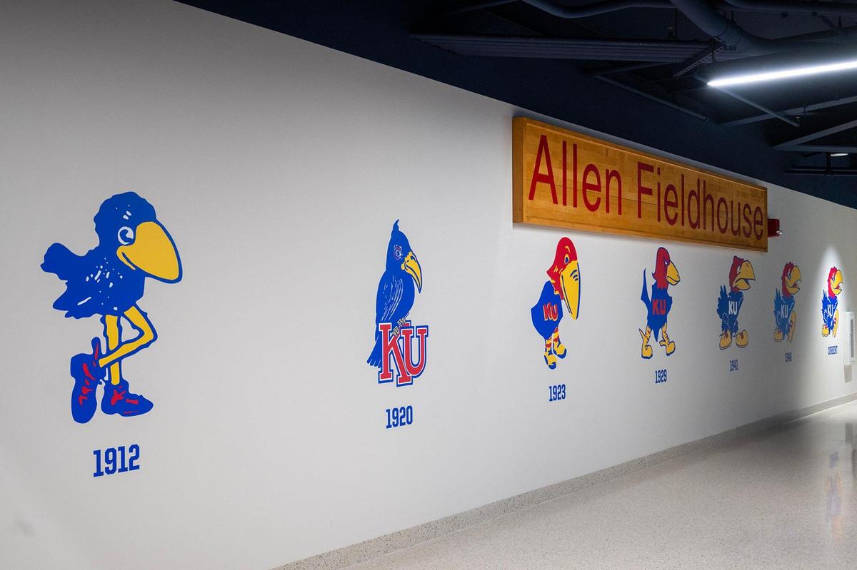 Updated graphics adorn a renovated concourse thanks to recent renovations to Allen Fieldhouse in Lawrence.