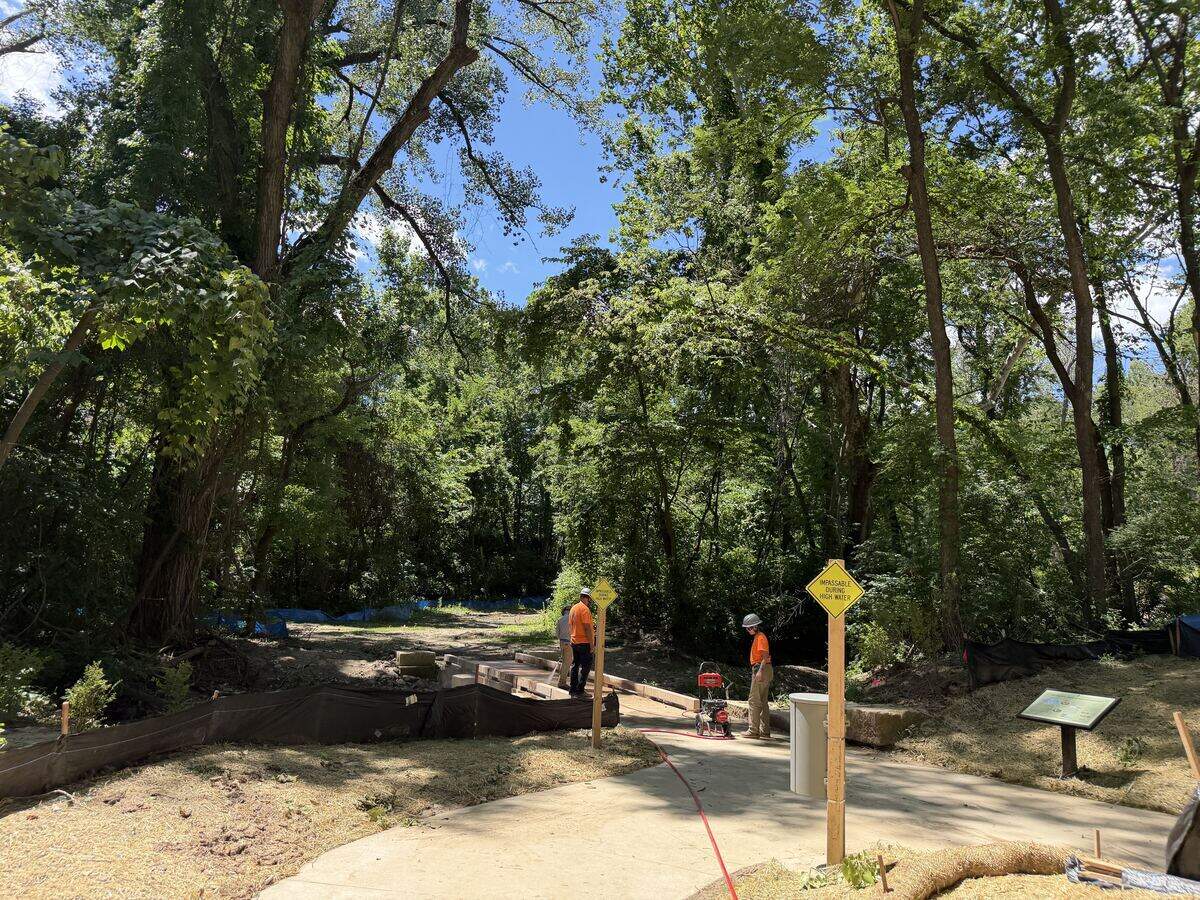 Construction crews in bright orange shirts and hard hats cleaned up mud caused by recent storms, planted new trees and worked to put some of the final touches on River Forest Park at 2400 Vernon St. on Monday, June 15, 2026, ahead of this week’s long-awaited grand opening and ribbon cutting ceremony on Thursday at 4 p.m.
