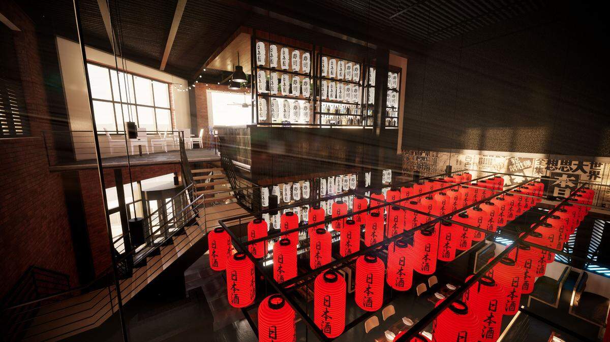 The former Bar Louie space will be remodeled, as this rendering shows, and include a mezzanine and revamped patio area.