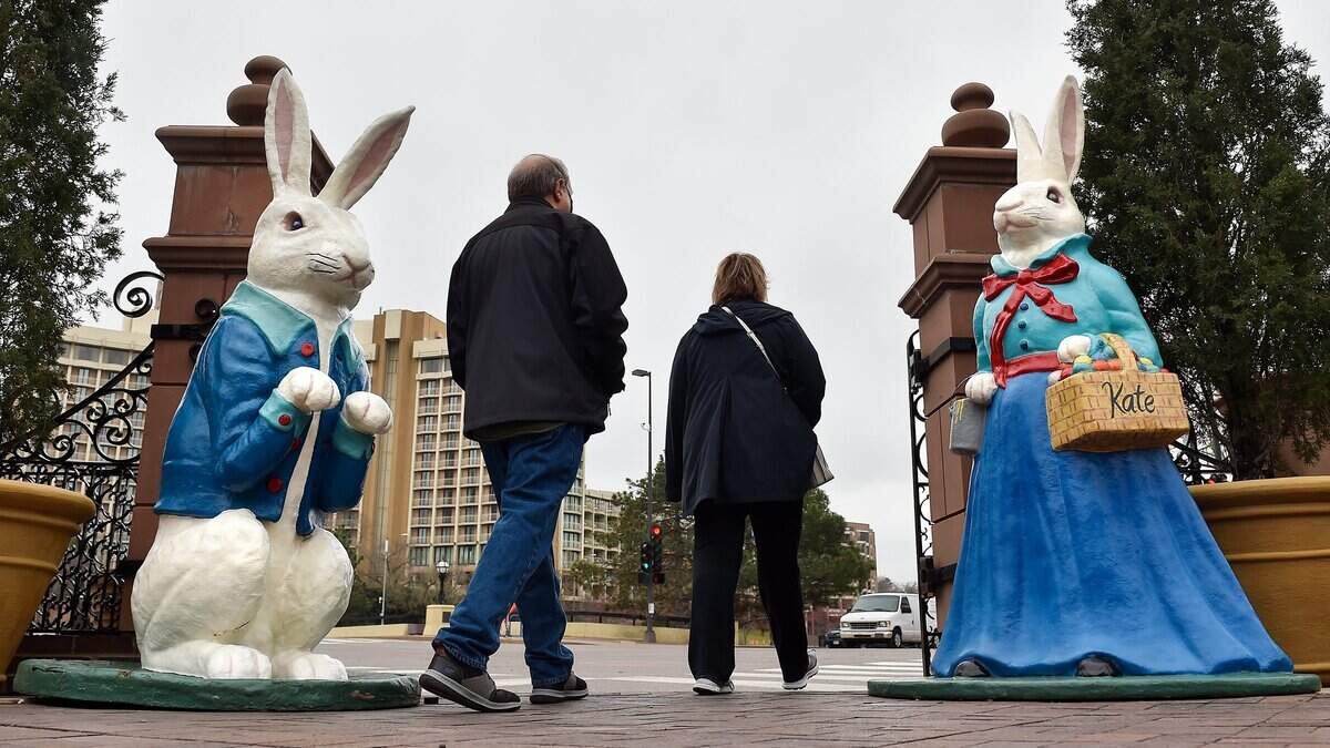 Bunny statues named Brian and Kate stand at Ward Parkway and Broadway Boulevard, facing Seasons 52 restaurant. The bunnies, a Plaza tradition since the 1930s, are installed each year to officially welcome the spring season.