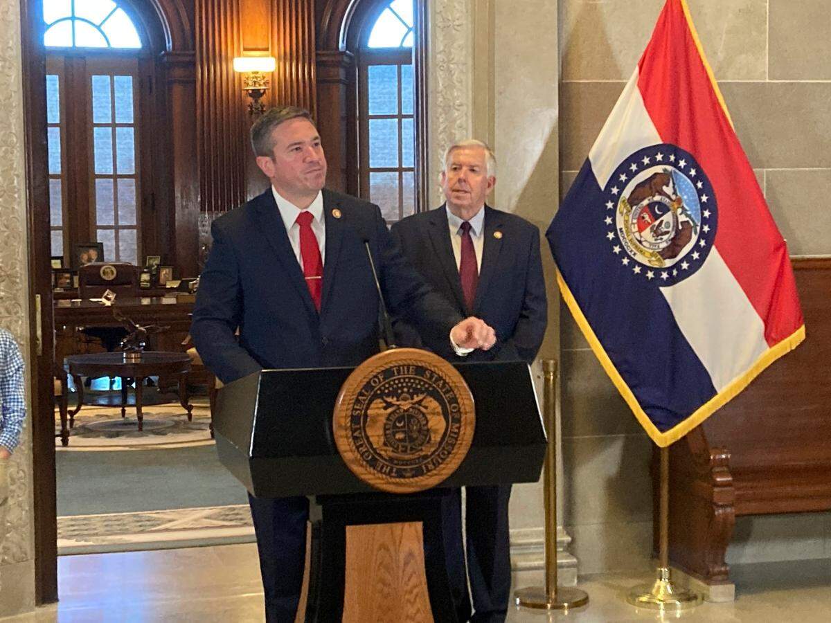 Andrew Bailey speaks to reporters outside Missouri Republican Gov. Mike Parson’s Capitol office in Jefferson City, Mo., after being named state attorney general on Wednesday, Nov. 23, 2022. Bailey is Parson’s general counsel and will replace U.S. Sen.-elect Eric Schmitt as the state’s top prosecutor.