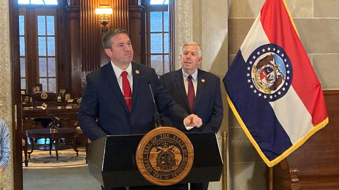 Andrew Bailey speaks to reporters outside Missouri Republican Gov. Mike Parson’s Capitol office in Jefferson City, Mo., after being named state attorney general on Nov. 23, 2022.  