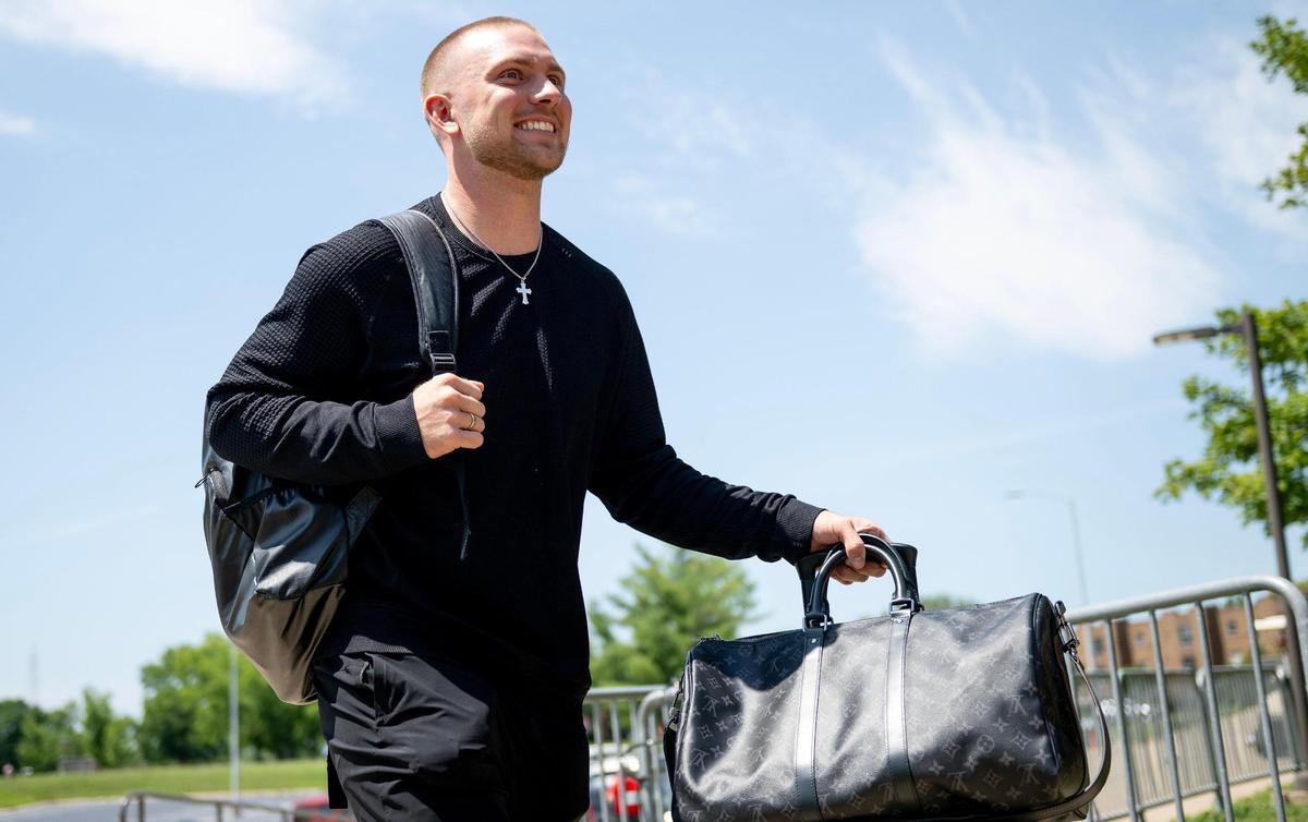 Kansas City Chiefs quarterback Shane Buechele wheels his belongings into a dorm room at Missouri Western State University during the first day of training camp on Tuesday, July 18, 2023, in St. Joseph, Mo.