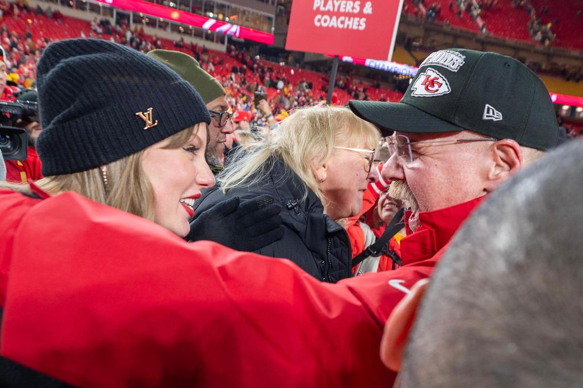 Taylor Swift embraces Kansas City Chiefs head coach Andy Reid after the Chiefs’ 32-29 victory over the Buffalo Bills in the AFC Championship Game on Jan. 26, 2025, at GEHA Field at Arrowhead Stadium.