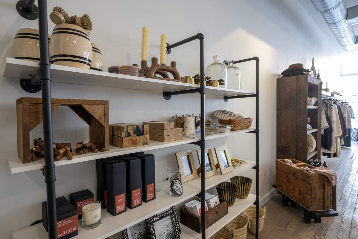 A collection of merchandise is displayed along a shelf at Larkin Home on Thursday, April 30, 2026, in Parkville.