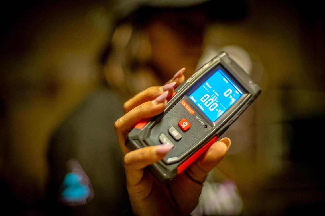 Marie Jackson uses several paranormal sensing devices, including this radiation detector.