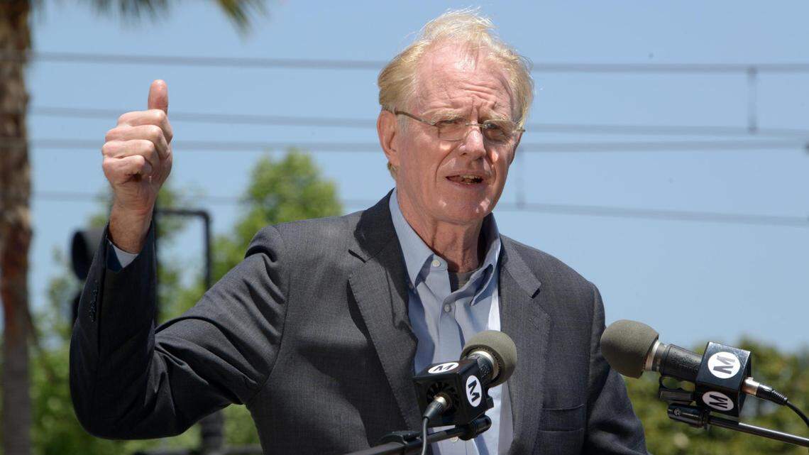 Ed Begley Jr. speaks at a news conference to celebrate the one-year anniversary of the Metrorail Expo line from downtown Los Angeles to Los Angeles at Exposition Park. the 15.2 mile Expo Line is the main light rail line for the Downtown Sports Park for the 2024 Los Angeles Olympic Games.