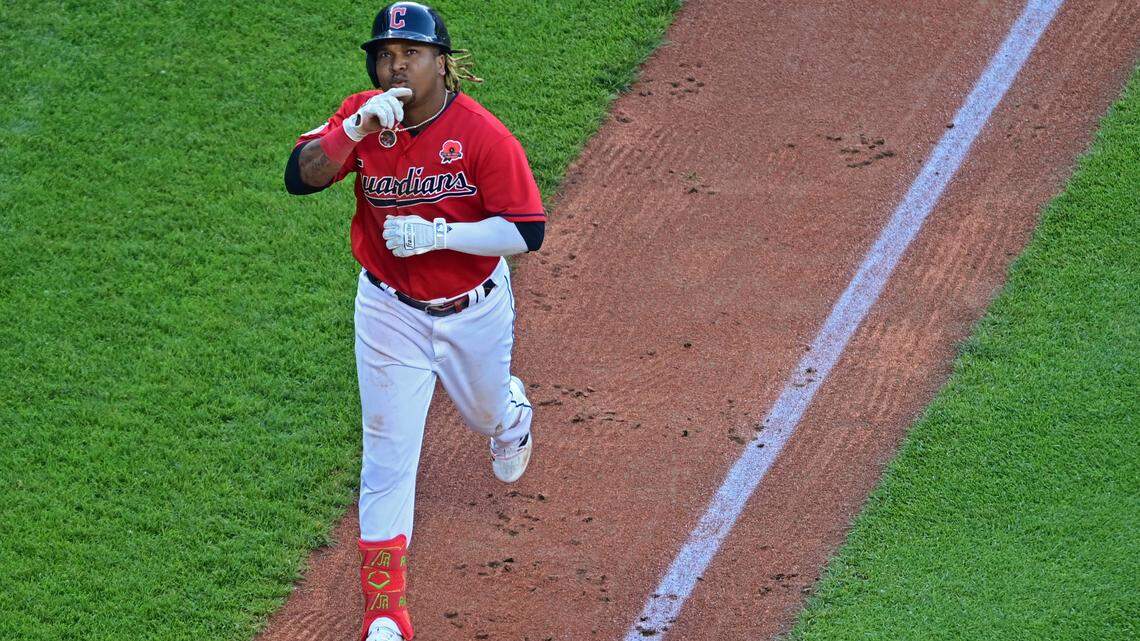 Cleveland Guardians’ Jose Ramirez runs the bases after hitting a two-run home run off Kansas City Royals starting pitcher Jonathan Heasley in the fifth inning of a baseball game, Monday, May 30, 2022, in Cleveland. (AP Photo/David Dermer)