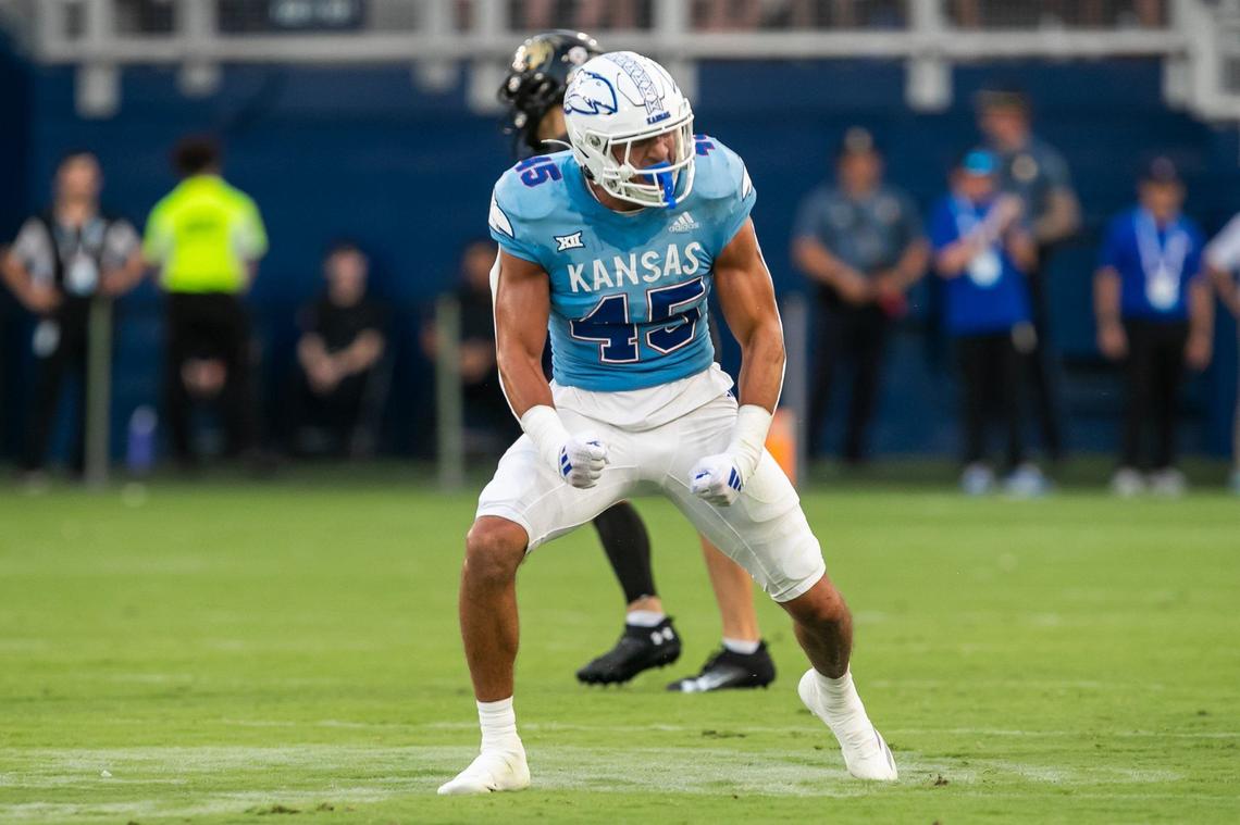 Kansas defensive end Dean Miller (45) celebrates a sack against the Lindenwood Lions on Thursday, August 29, 2024 at Children’s Mercy Park in Kansas City, Kansas.