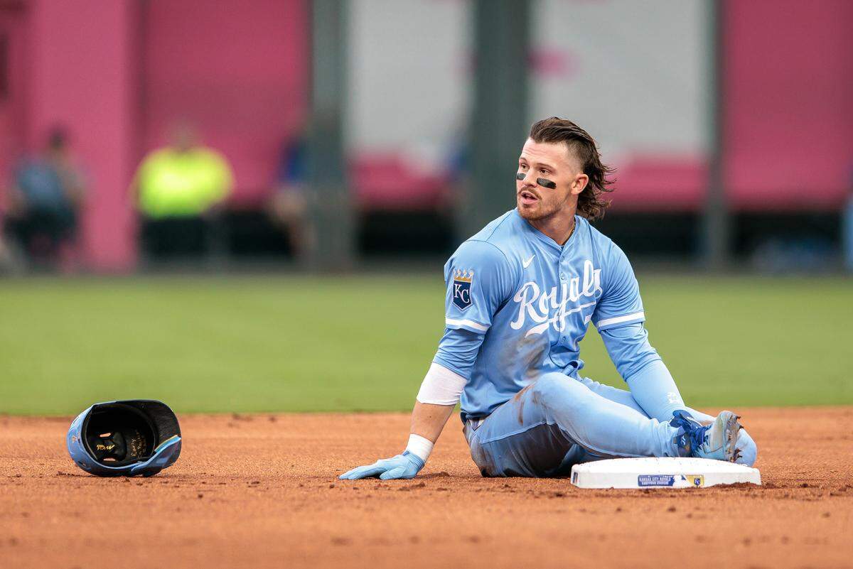 Kansas City Royals shortstop Bobby Witt Jr. (7) after sliding into second base during the first inning against the Detroit Tigers at Kauffman Stadium on Aug. 30, 2025.