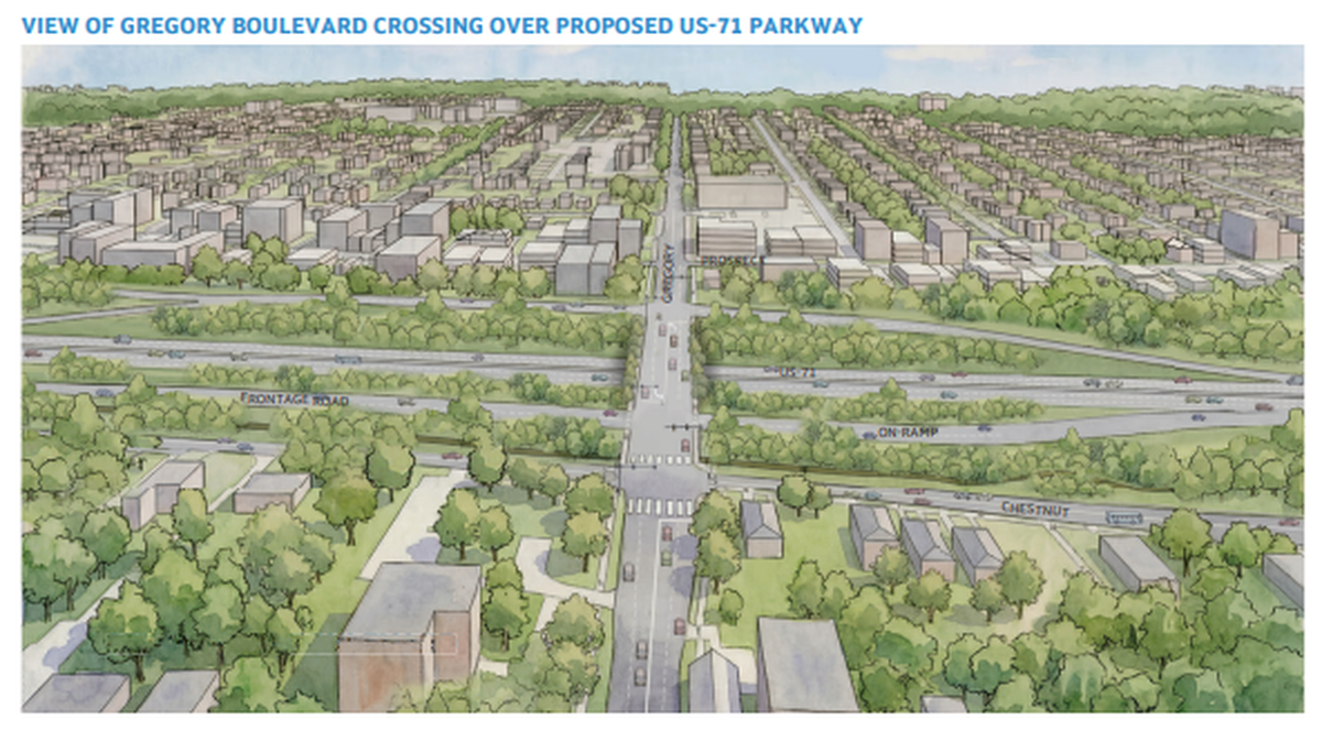A city rendering of what the overpass and highway would look like from above at Gregory Blvd.