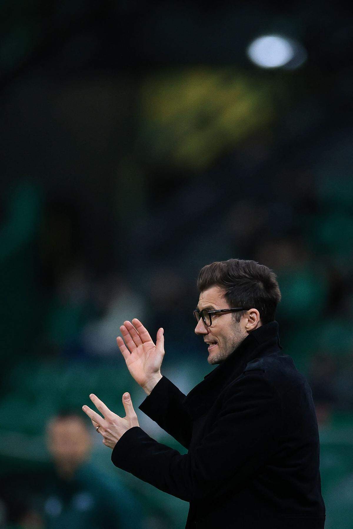 Young Boys coach Raphael Wicky gestures during a UEFA Europa League match in Lisbon on February 22, 2024.