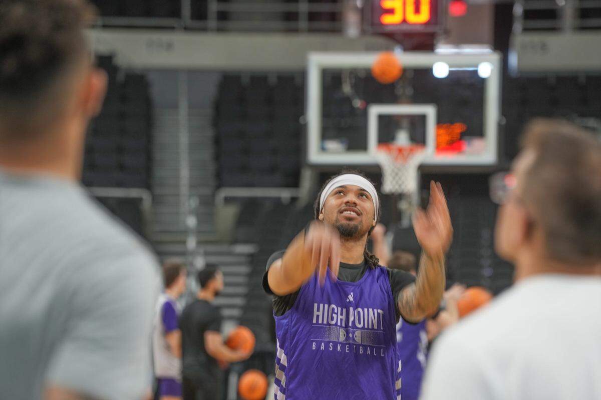 High Point guard Bobby Pettiford, a former Kansas Jayhawk and member of KU’s 2022 national championship team, shoots around during a practice session on Wednesday in Providence, Rhode Island.