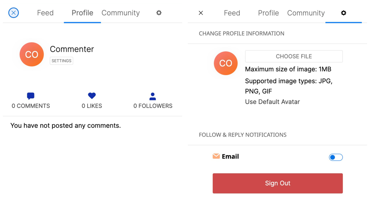In the side bar you can see all the comments you have written and liked, follow other commenters and change your profile information.