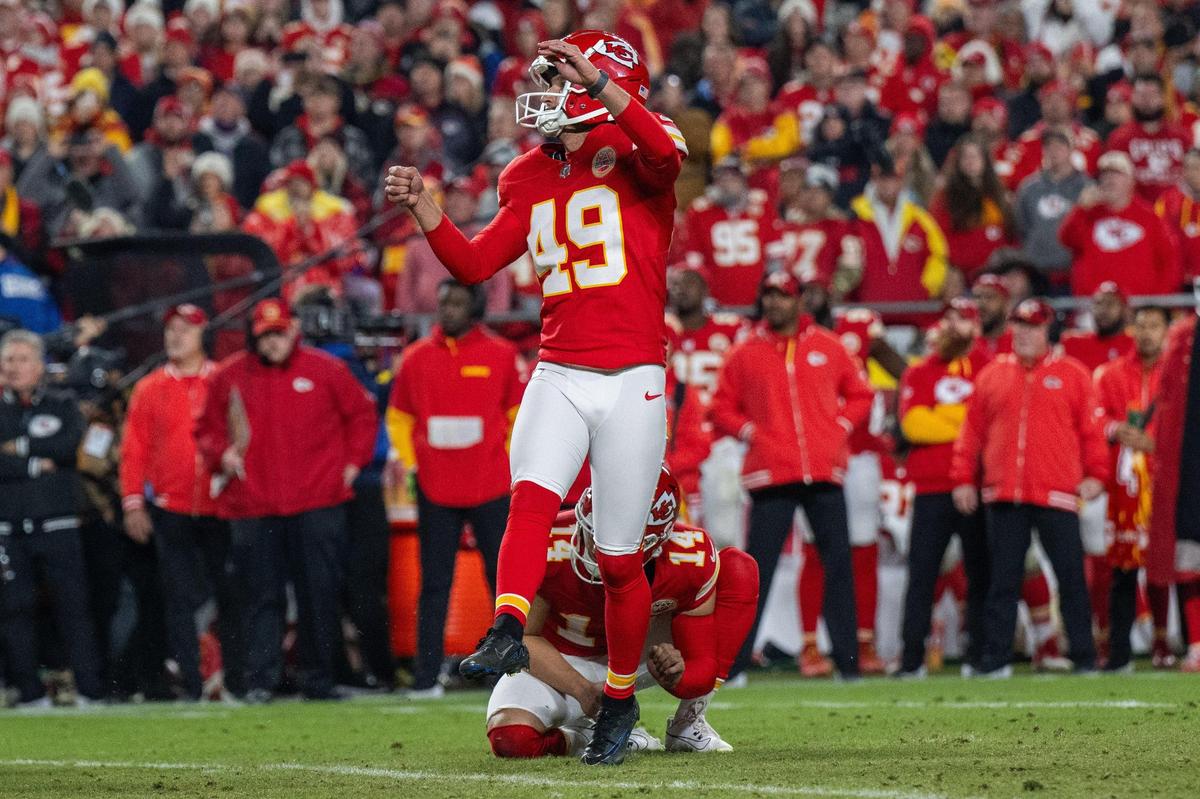 Kansas City Chiefs place kicker Matthew Wright kicks the game-winning field goal vs. the Los Angeles Chargers on Sunday, Dec. 8, 2024 at GEHA Field at Arrowhead Stadium.