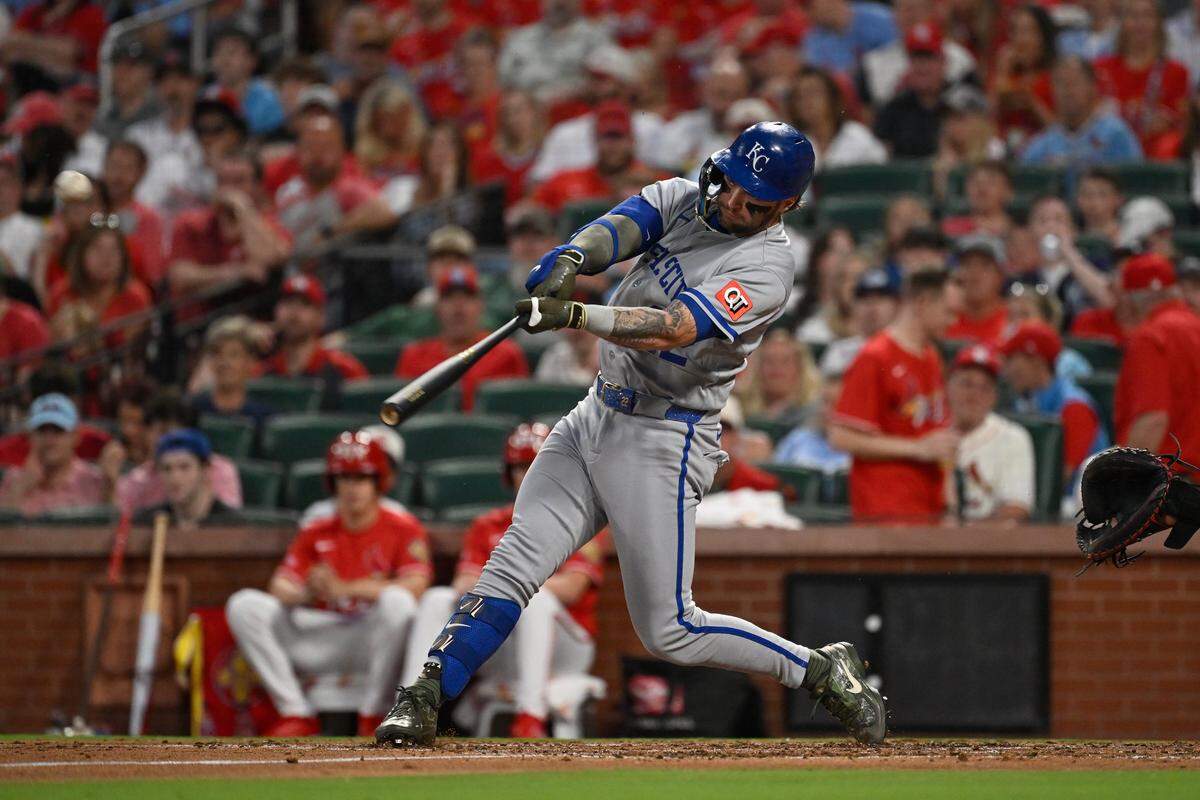 Royals designated hitter Carter Jensen hits an RBI double against Cardinals during a season-opening game at Busch Stadium in St. Louis on Friday, May 15, 2026.