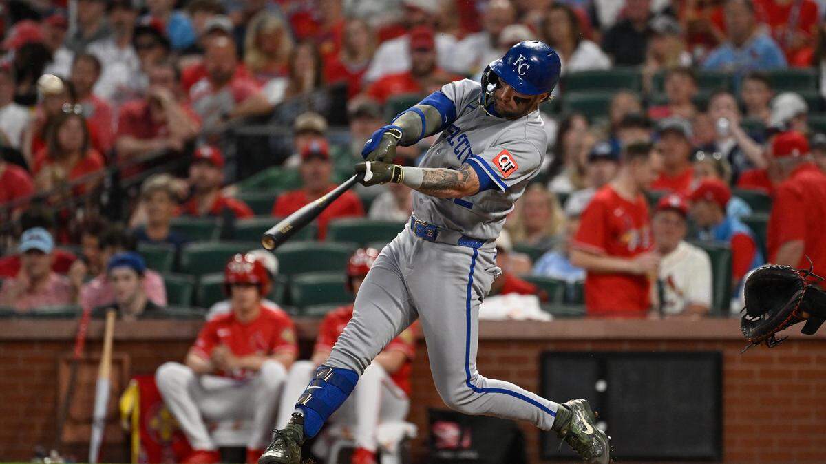 Royals designated hitter Carter Jensen hits an RBI double against Cardinals during a season-opening game at Busch Stadium in St. Louis on Friday, May 15, 2026.