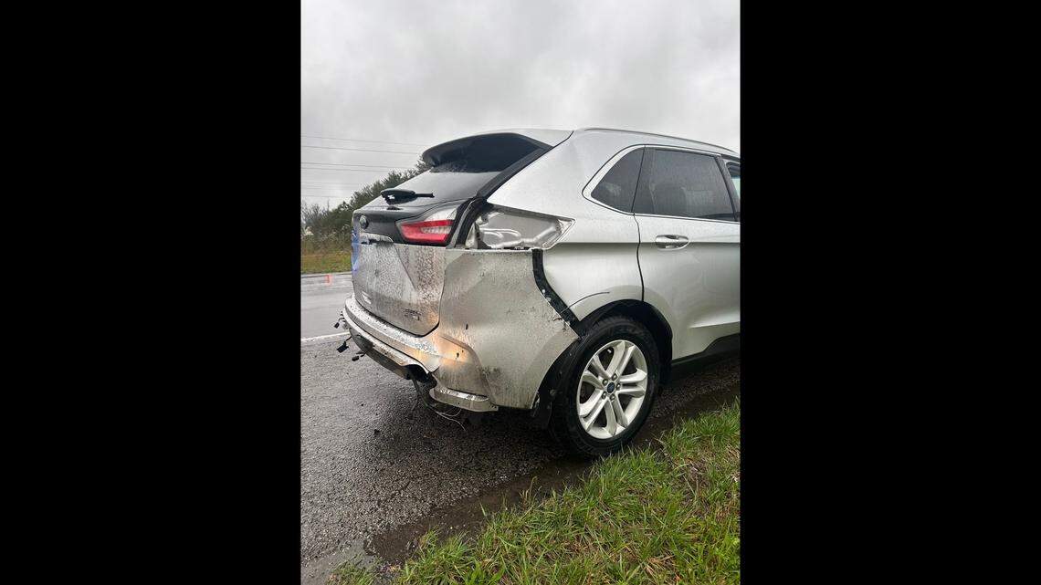 A moving car was struck by lightning on an Illinois highway, deputies said.