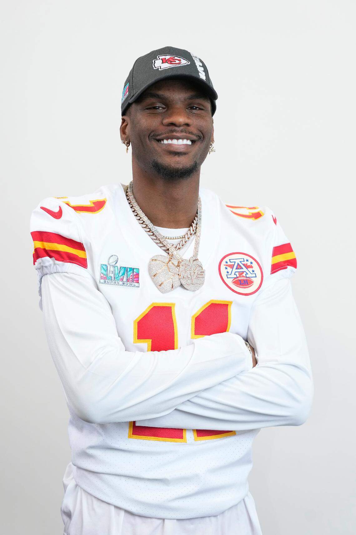 Kansas City Chiefs wide receiver Marquez Valdes-Scantling poses for a portrait at NFL football Super Bowl 57 opening night, Monday, Feb. 6, 2023, in Phoenix. The Kansas City Chiefs will play the Philadelphia Eagles on Sunday, Feb. 12.